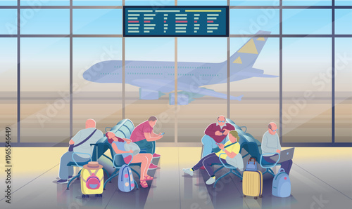 Flat vector illustration of airport waiting area with passengers sitting and using smartphones, laptops and relaxing before flight. Travel waiting concept with luggage and modern lifestyle.