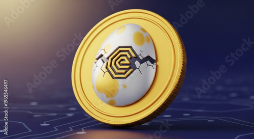 Cryptocurrency coin with cracked surface and gold border on dark background with circuit board pattern