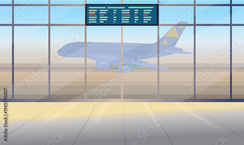 Flat vector illustration of empty airport terminal interior with large panoramic windows and airplane outside. Clean background for travel, transportation and aviation design.