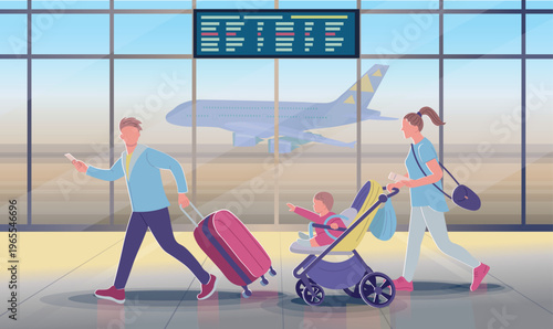 Flat vector illustration of airport scene with rushing passenger and mother with stroller. Man hurrying with suitcase while checking smartphone, family traveling with child. 