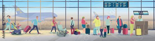 Flat vector illustration of airport queue with diverse passengers waiting for check-in. People standing with luggage, travel flow, boarding process and airport terminal interior.
