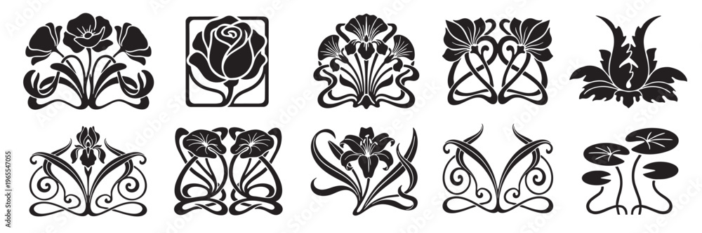 Fototapeta premium A set of ornamental decorative element. Floral and nature elements in art nouveau style.