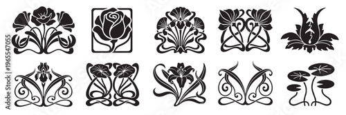 A set of ornamental decorative element. Floral and nature elements in art nouveau style.