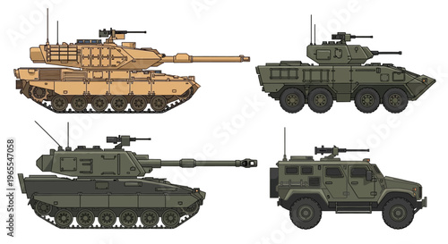 Set of Four Modern Military Vehicles: Main Battle Tank, Armored Personnel Carrier, Self-Propelled Artillery, and Tactical SUV