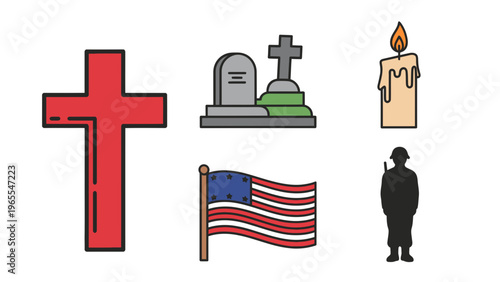Vector Illustration of Memorial Day Symbols: Cross, Gravestone, Candle, Flag, Soldier Silhouette for Remembrance and Patriotism Concepts