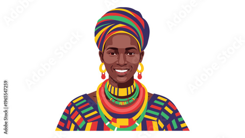 Vibrant African Woman Portrait Illustration, Colorful Traditional Attire, Turban, Jewelry, Smiling, Cultural Celebration, Graphic Design