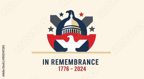 American Patriotic Memorial Graphic with US Capitol Dome and Bald Eagle, In Remembrance 1776-2024 Illustration for Independence Day, Veterans Day, and National Holidays
