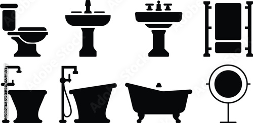 Bathroom fixtures silhouette icon set with modern minimal design elements