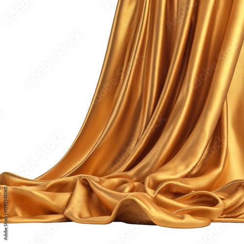 Luxuriously draped golden fabric cascades down with rich texture and elegant folds. isolated on transparent background