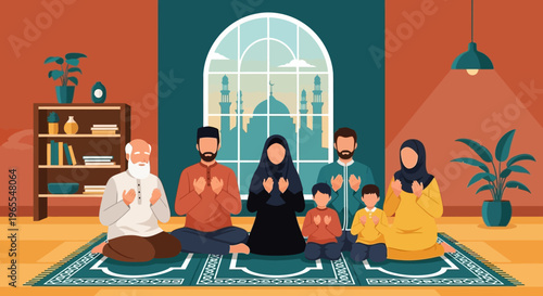 Muslim Family Praying Together at Home with Mosque View Background, Ramadan Kareem and Eid Mubarak Celebration Concept Flat Vector Illustration