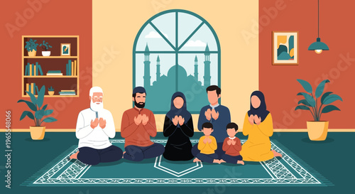 Multi-generational Muslim Family Praying Together at Home, Making Dua Supplication During Ramadan or Eid, Islamic Family Tradition Flat Vector Illustration
