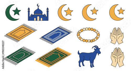 Set of Islamic Religious Icons and Symbols for Ramadan and Eid: Mosque, Prayer Rugs, Crescent Moon, Prayer Beads, and Sacrifice Goat Vector Illustration