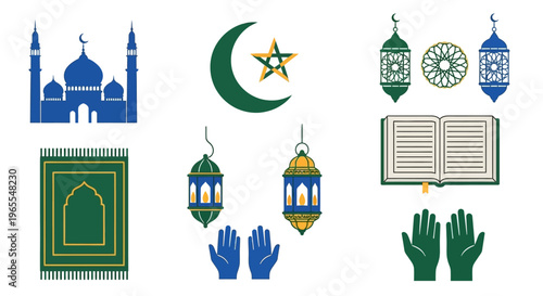Islamic Ramadan Kareem Icon Set with Mosque Crescent Moon Lanterns Quran Prayer Mat and Dua Hands