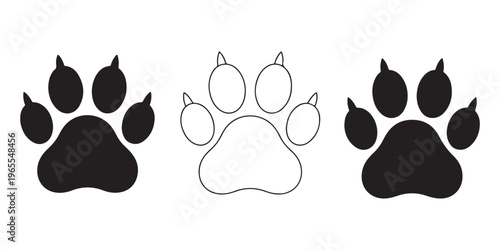 Animal paw print icon set including solid and outline silhouettes