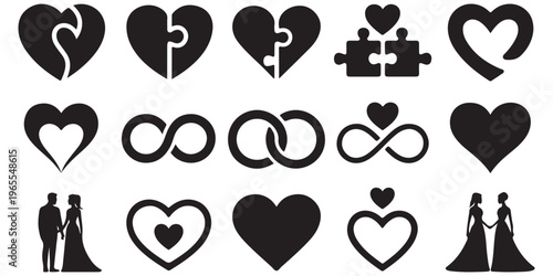 Heart icon collection with outline solid and broken love shapes
