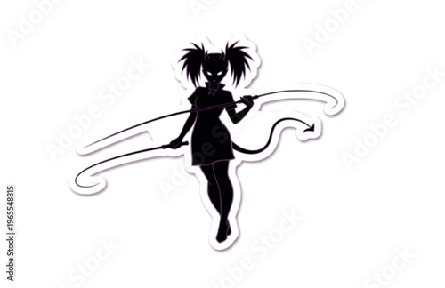 Retro Y2K Style Devil Girl with Whip Silhouette, Mall Goth Nostalgia Vector Sticker, Playful Alternative Pop Culture Illustration