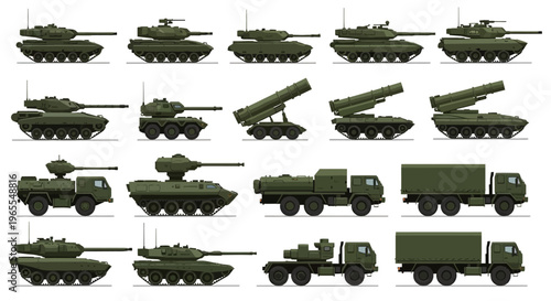 Set of military combat vehicles, heavy armored tanks, missile launchers, and logistics trucks icons in flat vector style