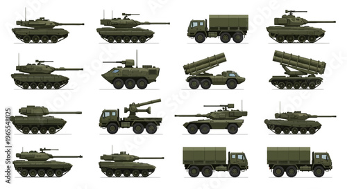 Set of Military Vehicles: Modern Main Battle Tanks, Armored Personnel Carriers, Rocket Launchers, and Transport Trucks Vector Illustration Isolated on White Background