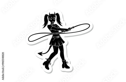 Retro Y2K Style Devil Girl with Whip Silhouette, Mall Goth Nostalgia Vector Sticker, Playful Alternative Pop Culture Illustration