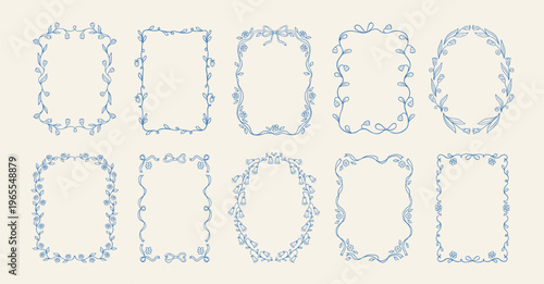 Foto Set of floral coquette hand drawn frame with beautiful flowers, leaves, bow and ribbons in whimsical blue lines