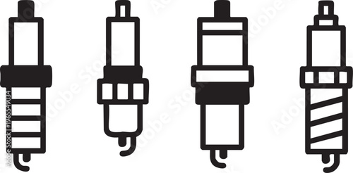 Collection of four minimalist spark plug icons simple vector illustrations for automotive or mechanical concepts isolated on white