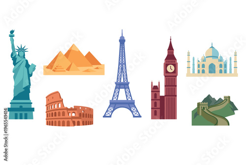 vector of famous landmarks including statue of liberty pyramids eiffel tower colosseum big ben taj mahal great wall