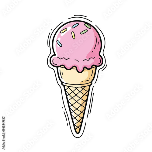 Pastel Pink Ice Cream Cone Illustration with Sprinkles and Cartoon Style.