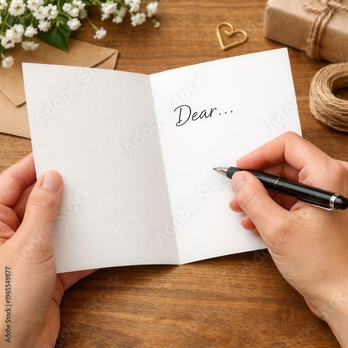 Person writing heartfelt letter on blank greeting card with Dear text romantic message concept