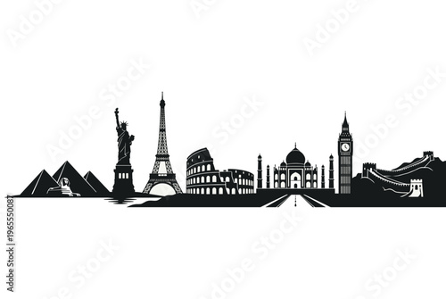 vector of famous landmarks including statue of liberty pyramids eiffel tower colosseum big ben taj mahal great wall