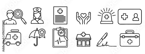 Fotografía Medical care outline icon set, healthcare and medicine related icons ambulance, health protection, medical report, clinic, medical signature, icons