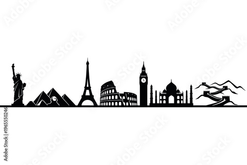 vector of famous landmarks including statue of liberty pyramids eiffel tower colosseum big ben taj mahal great wall