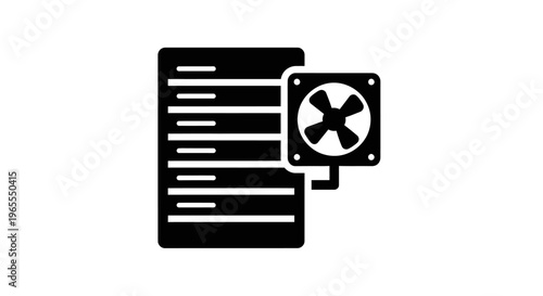 Data center server icon with cooling fan system. Symbol of web hosting, database management, network hardware, and computer processing unit. Black minimalist silhouette isolated on white background.