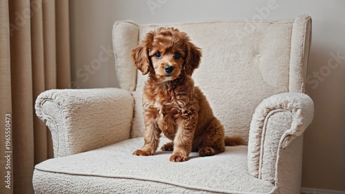 Young brown poodle puppy with curly fur sitting on plush armchair in cozy indoor setting