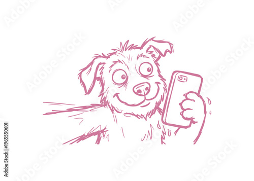 Funny Dog Taking Selfie Vector - Happy Puppy with Smartphone and Peace Sign Illustration
