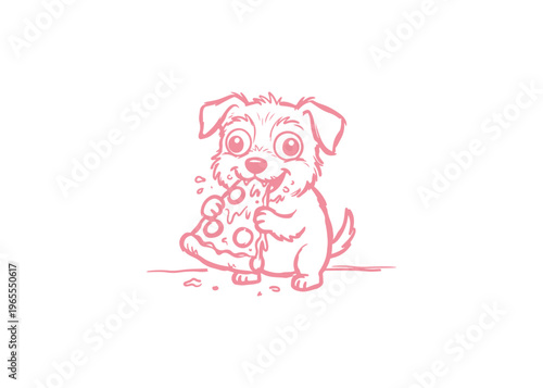 Funny Puppy Eating Pizza Slice Vector - Hand-Drawn Minimalist Dog Character Illustration