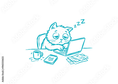 Tired Cat Working at Laptop Vector - Funny Exhausted Office Kitten Character Illustration