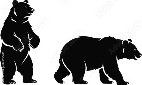 Black grizzly bear silhouette set featuring a standing bear and a walking bear isolated on white background for wildlife nature conservation and outdoor adventure design.