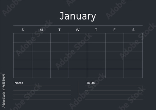 Dark minimal January 2026 monthly planner template