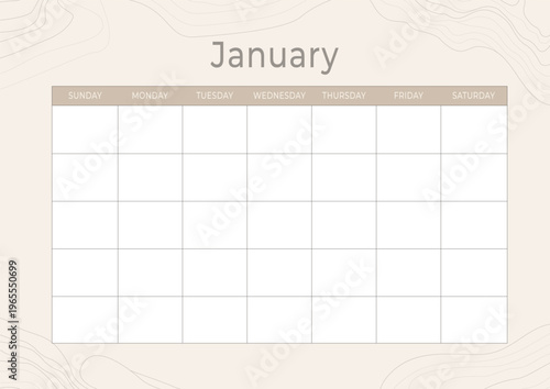 January 2026 calendar template with topographic line background