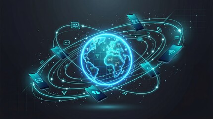 A digital globe surrounded by technological icons and glowing orbits