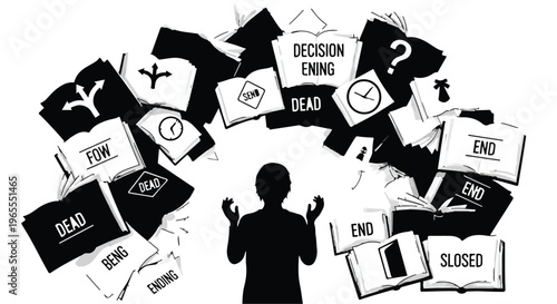 man surrounded by signs of business failure and confusion