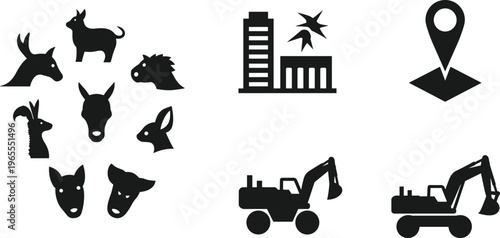 Animal head silhouettes with goat, cow, horse, deer, dog, llama, plus building, birds, location pin, construction vehicles, black vector icons