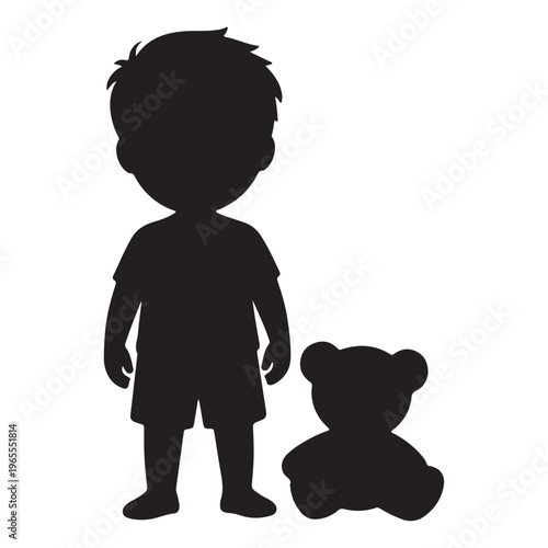 Black silhouette of a little boy standing next to a cute teddy bear isolated on white background vector illustration art. Art & Illustration