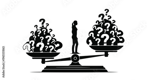person standing on scales with question marks weighing pros and cons