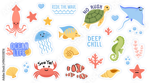 Cute ocean life sticker collection with sea animals, marine creatures, fish, turtle, seahorse, jellyfish, crab, coral, shells and motivational phrases in kawaii cartoon style