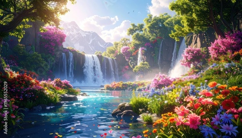 A vibrant, ethereal landscape of cascading waters and blooming flora.