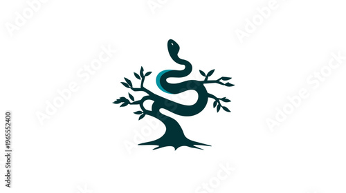 Elegant stylized dark blue serpent coiling around a mystical bare tree, isolated on a clean white background. Nature-inspired graphic illustration.