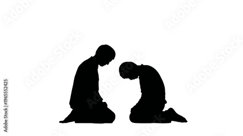 Two silhouetted people kneeling with bowed heads, symbolizing prayer, submission, contemplation, or deep reflection.