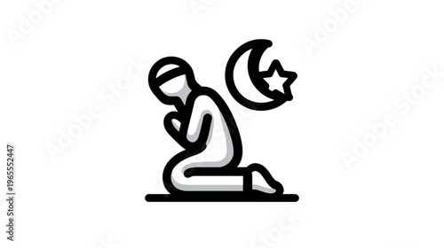 Icon of person kneeling in prayer with crescent moon and star. Religious worship, spiritual devotion, and Islamic faith symbol.