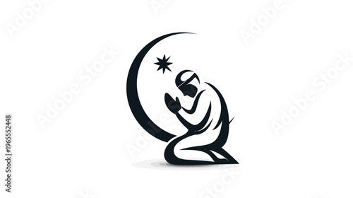 Spiritual symbol of a person praying with crescent moon and star, embodying faith, worship, and reverence.